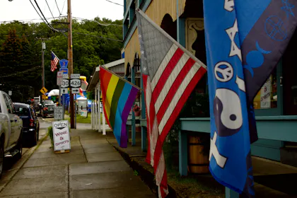 Coastal town main street with flags