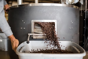 A large coffee roasting machine releases a stream of freshly roasted coffee beans into a nearby tray. A person is seen handling the equipment while beans cascade down. The setting appears to be a coffee roastery or industrial workspace.