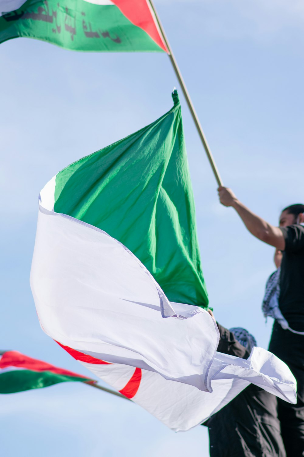 man in black t-shirt holding green and white flag