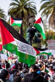 A large crowd gathers outdoors holding Palestinian flags with palm trees visible in the background. People are dressed in various clothing, and one individual is seen elevated above the crowd. Signs and traffic lights are also present in the scene, with vibrant colors and bustling activity.