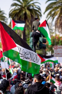A large crowd gathers outdoors holding Palestinian flags with palm trees visible in the background. People are dressed in various clothing, and one individual is seen elevated above the crowd. Signs and traffic lights are also present in the scene, with vibrant colors and bustling activity.
