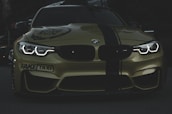 A stylish and aggressive-looking BMW car with its headlights on, displaying bold text 'FAKE TAXI' on the bumper. The car features a sleek, shiny surface with a dark green stripe running down the center of the hood and is set against a dimly lit background.