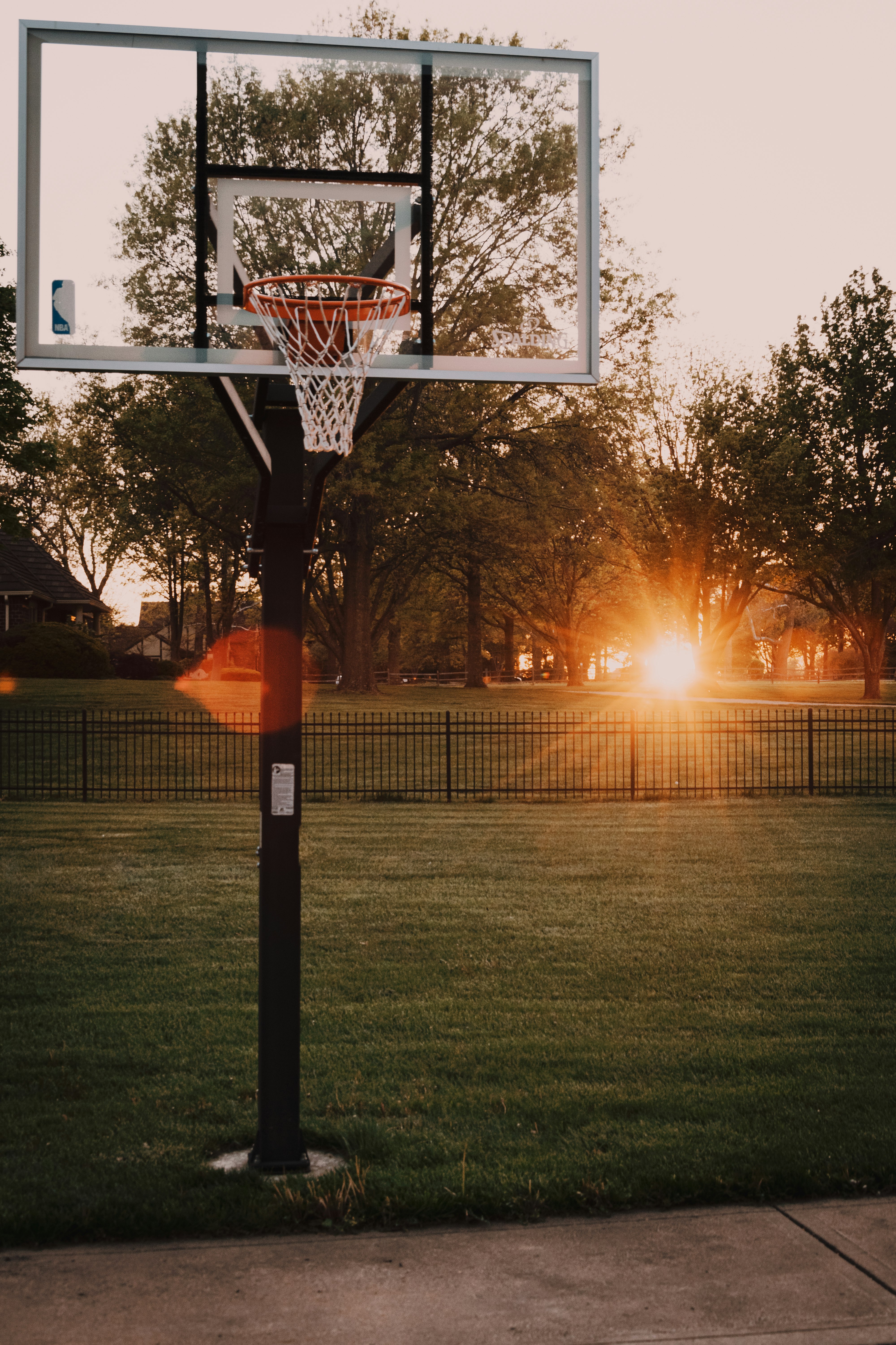 basketball hoop on green grass field during sunset