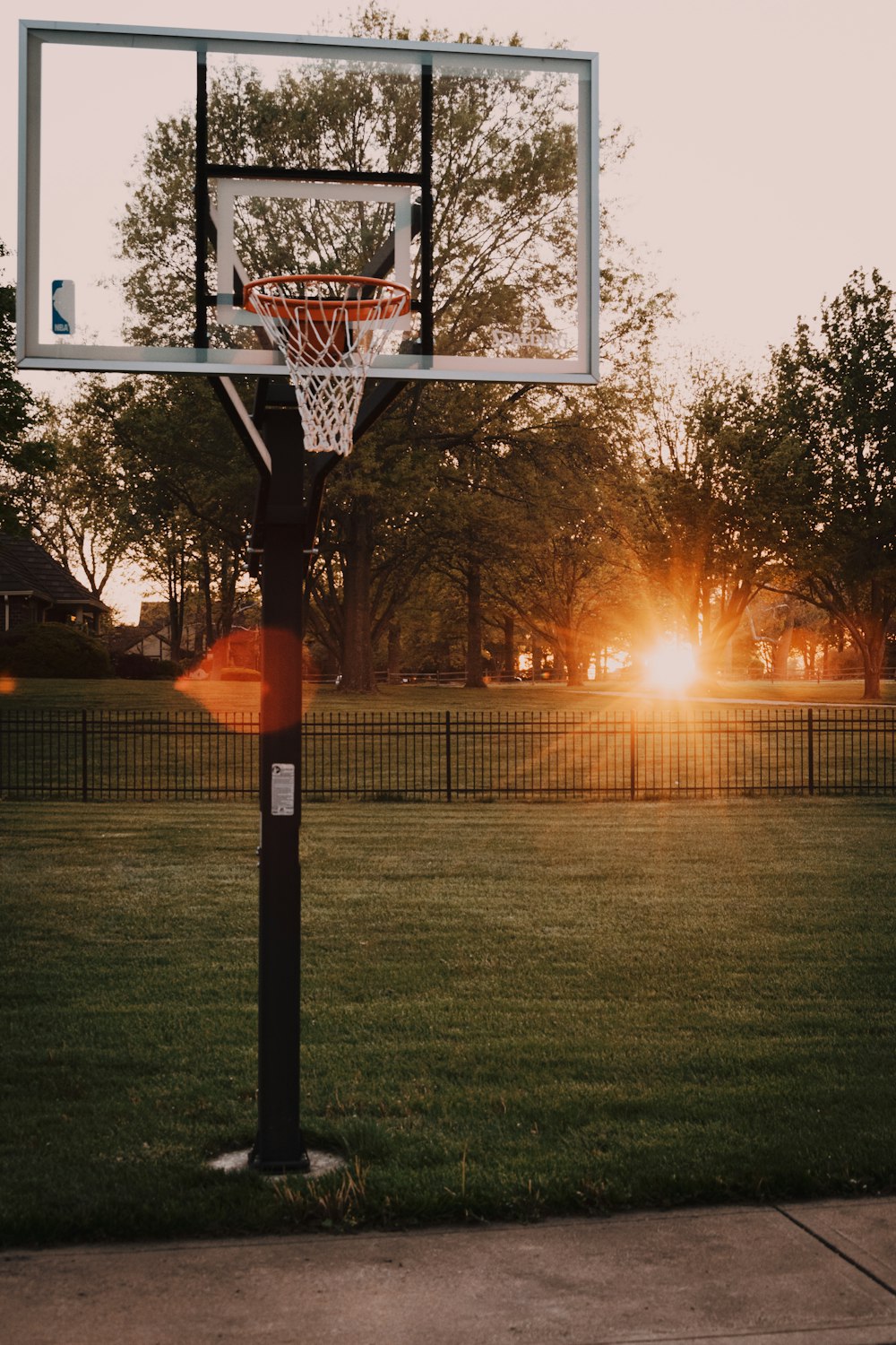 basketball hoop on green grass field during sunset