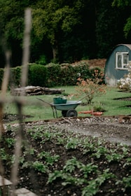 green and brown wheelbarrow on brown soil