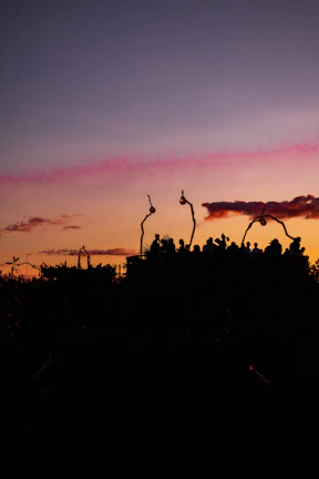 A vibrant group of travelers enjoying a sunset view atop a European city rooftop