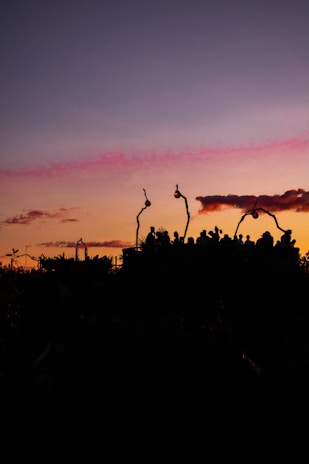 A vibrant sunset backdrop with a group of friends wearing Lumina’s layered outfits, laughing on a rooftop.