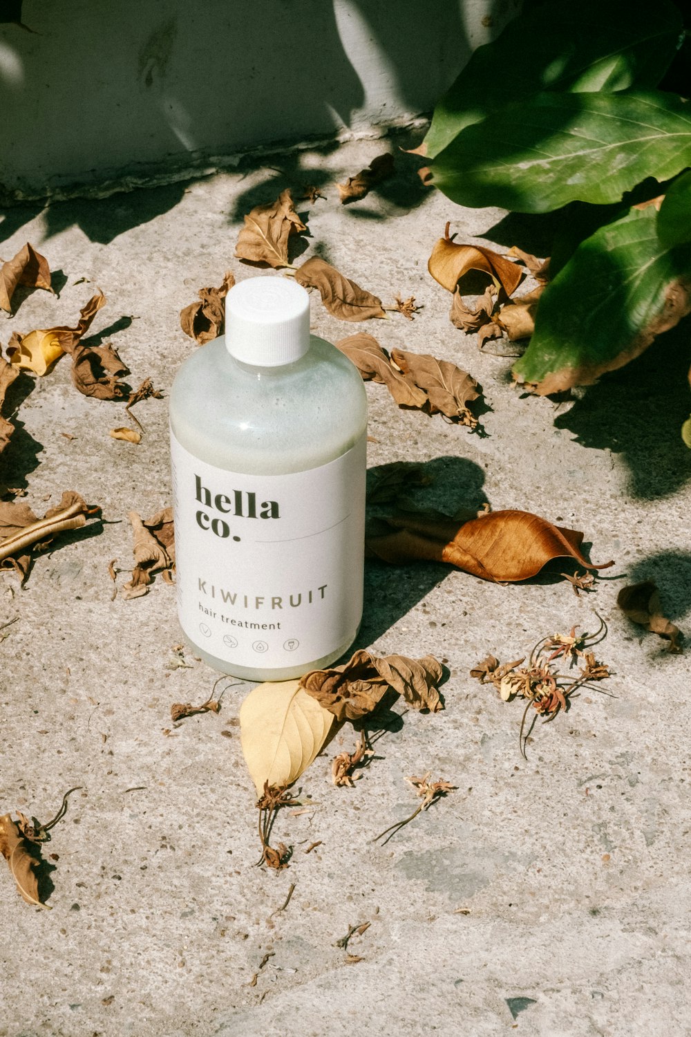 white and black plastic bottle on brown leaves