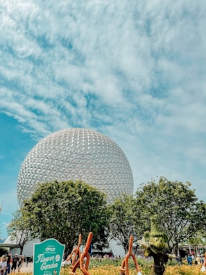 A panoramic view of Epcot’s iconic geodesic sphere under a bright afternoon sun.