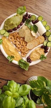 A platter of assorted foods including sliced cucumbers, soft cheese, pretzels, various types of spread such as avocado and hummus, olives, and crackers arranged on a white plate. Fresh herbs like basil and cilantro garnish the platter. The background is a wooden table, and in the foreground, there are potted basil and pothos plants.