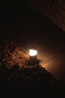 A black cylindrical outdoor lamp illuminates a small area of surrounding soil and a stone pathway. The light creates a warm glow contrasting with the dark shadows of the night.