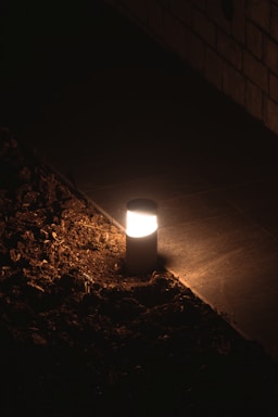 A black cylindrical outdoor lamp illuminates a small area of surrounding soil and a stone pathway. The light creates a warm glow contrasting with the dark shadows of the night.