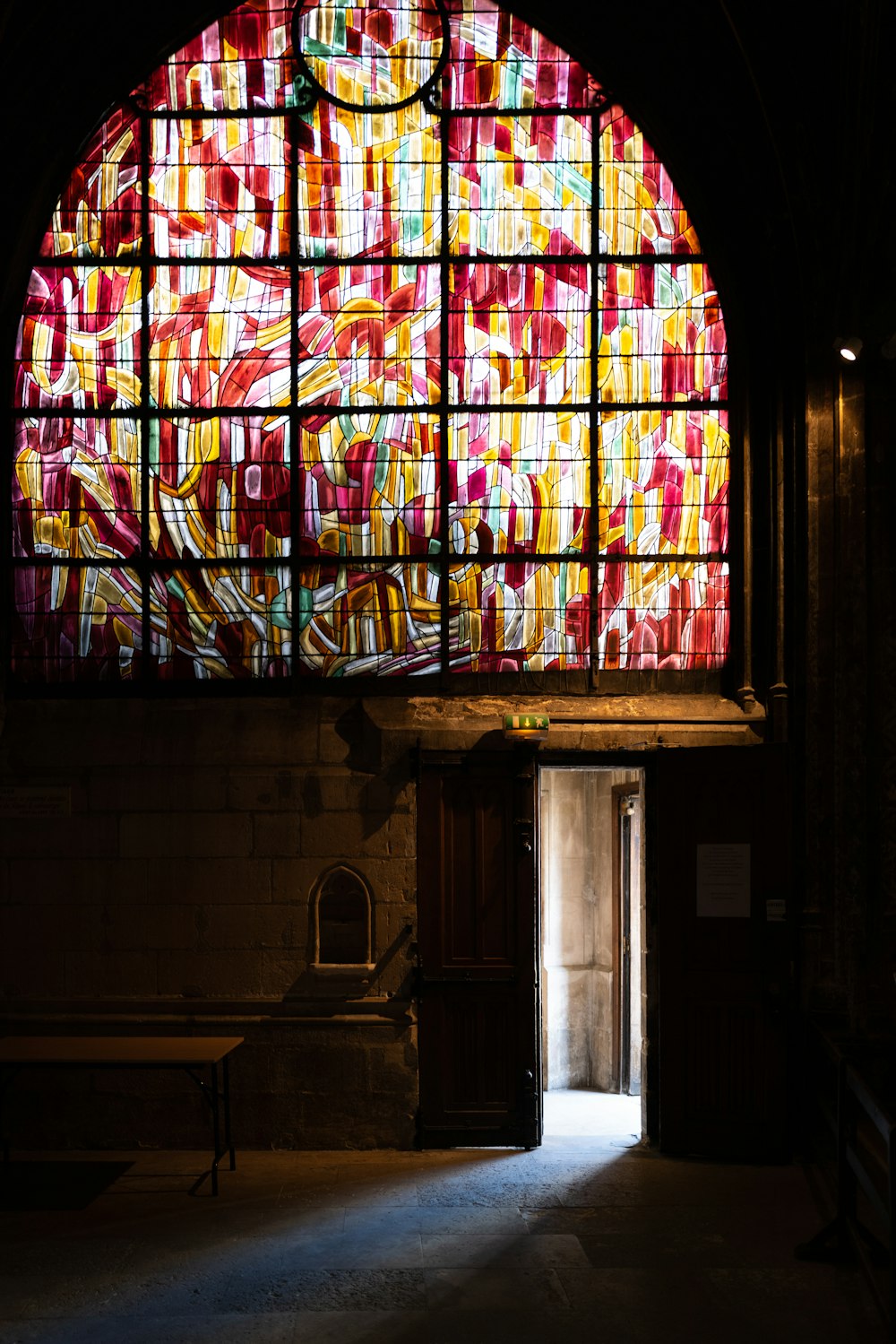 blue red and yellow glass window