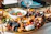 Close-up of a colorful catering platter with vibrant fresh vegetables and dips.