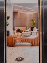 brown and white striped sofa