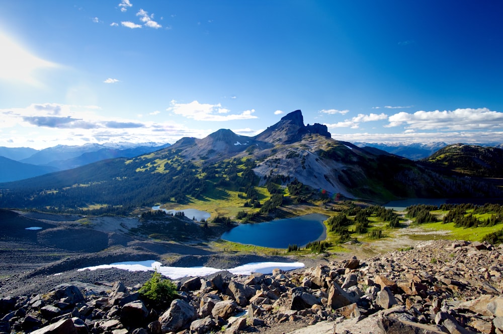 blue lake in the middle of green mountains during daytime