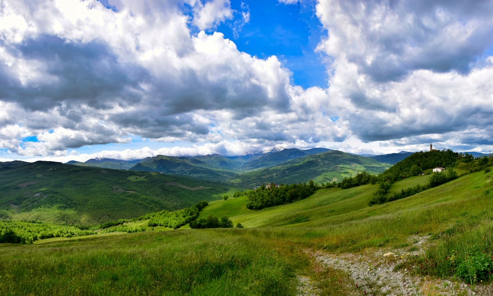 campo de hierba verde bajo nubes blancas y cielo azul durante el día