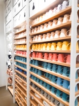 A neatly arranged set of mugs in soft pastel tones displayed on a minimalist shelf.