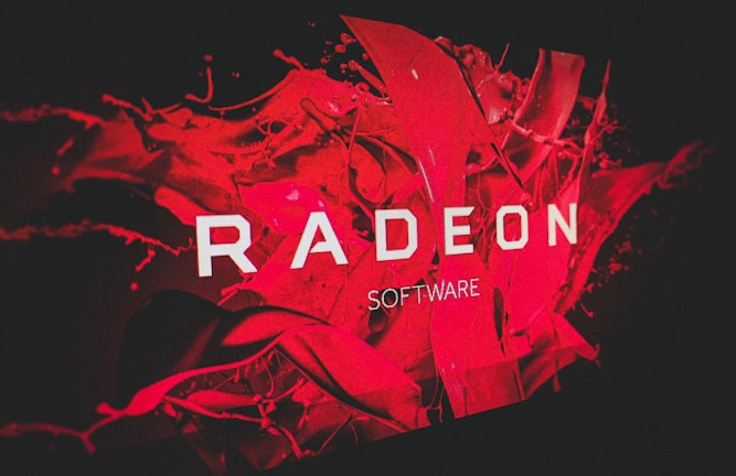 A bold and dynamic design featuring the word 'RADEON' prominently displayed in white text against a vibrant red background with abstract, fluid shapes.