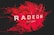A bold and dynamic design featuring the word 'RADEON' prominently displayed in white text against a vibrant red background with abstract, fluid shapes.