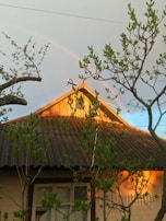 A rustic house with a newly renovated timber roof shining in the sunlight.