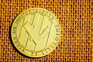 A shiny golden coin featuring Noonug with big sparkling eyes, surrounded by swirling noodles and tiny golden nuggets.