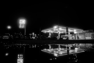 grayscale photo of city buildings during night time