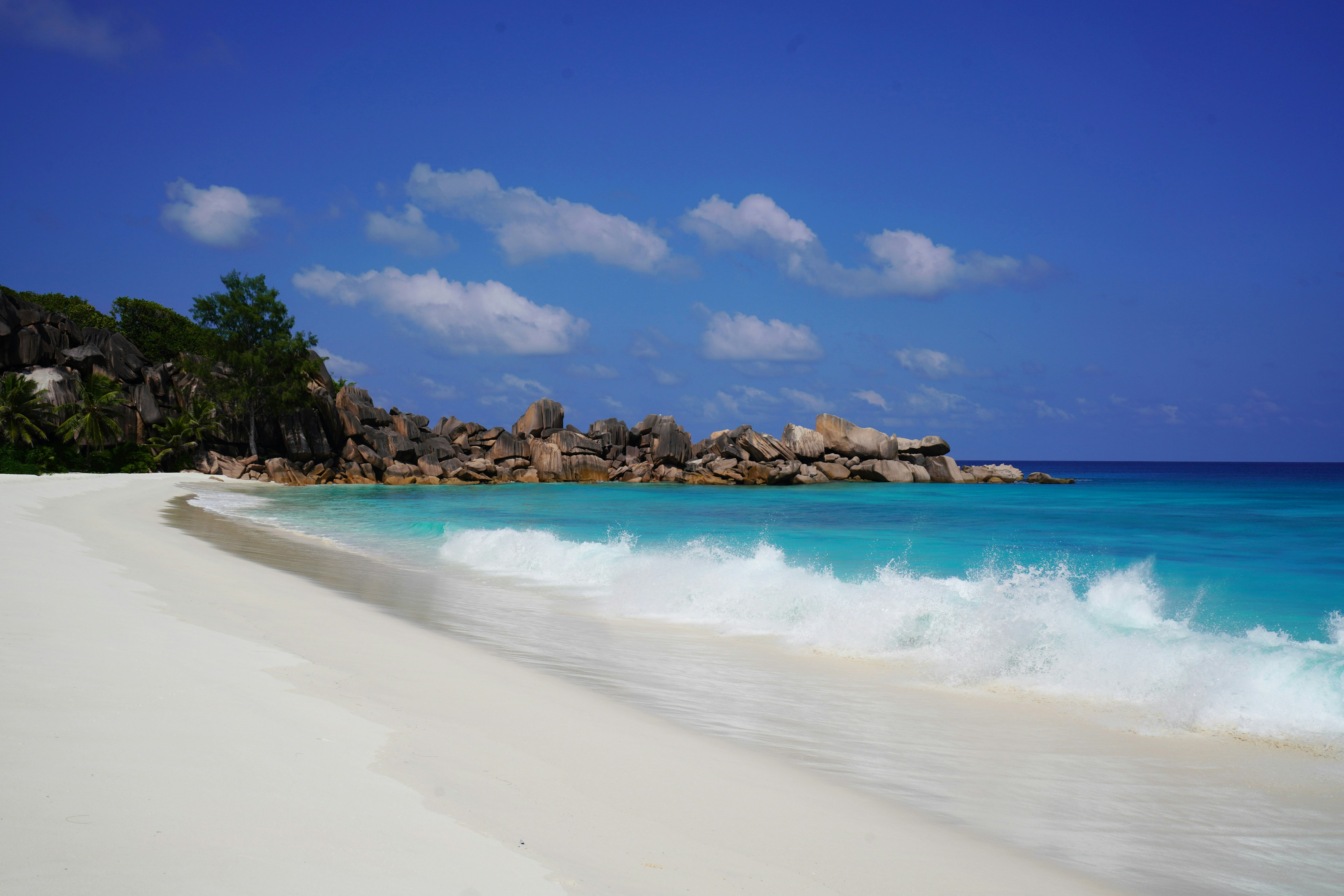 Dazzling shoreline in Grande Anse, La Digue, Seychelles.