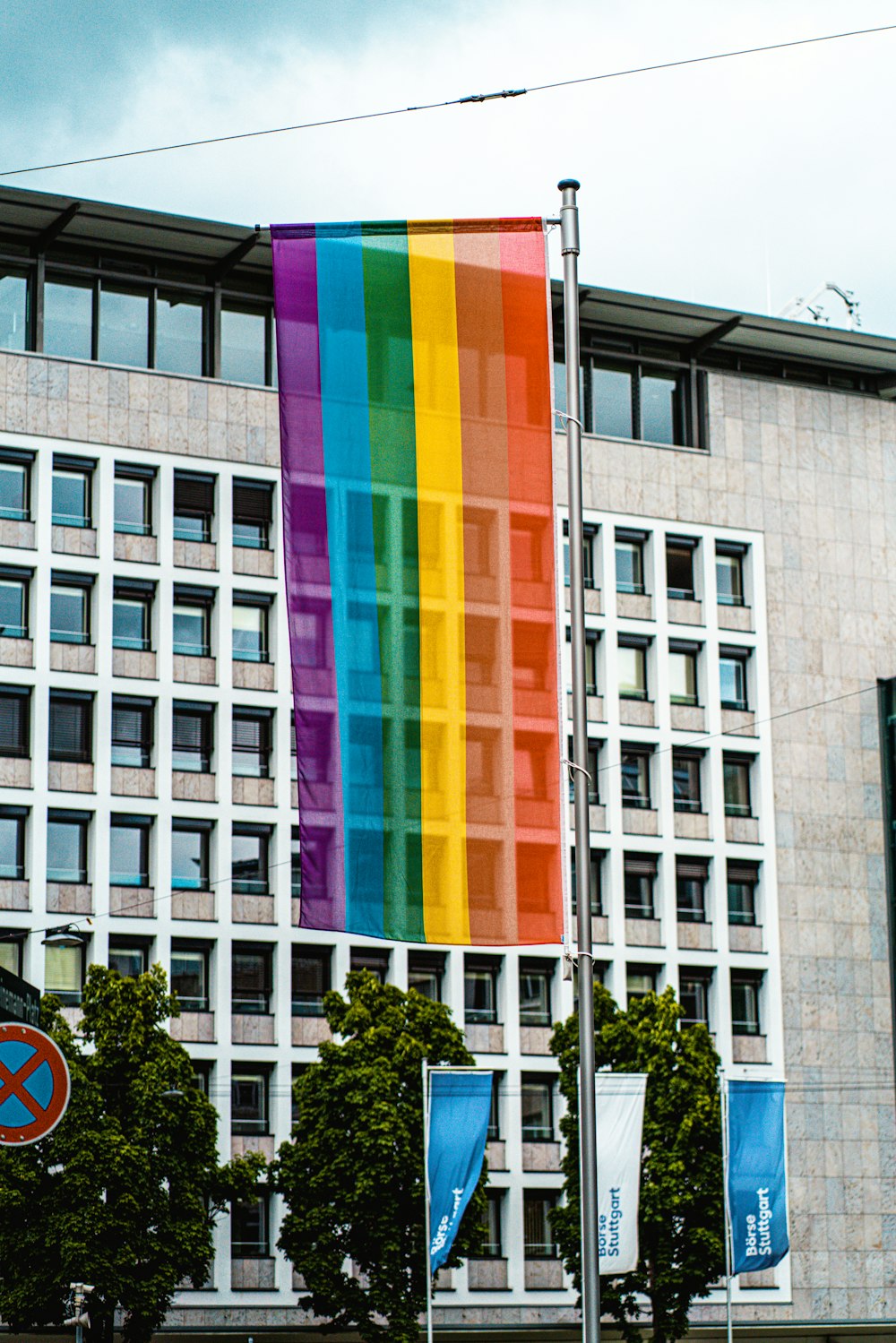 Rainbow flag in front of an office building