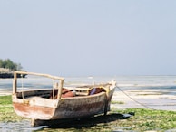 A wooden boat anchored by a white sandy shore with lush greenery in the background.