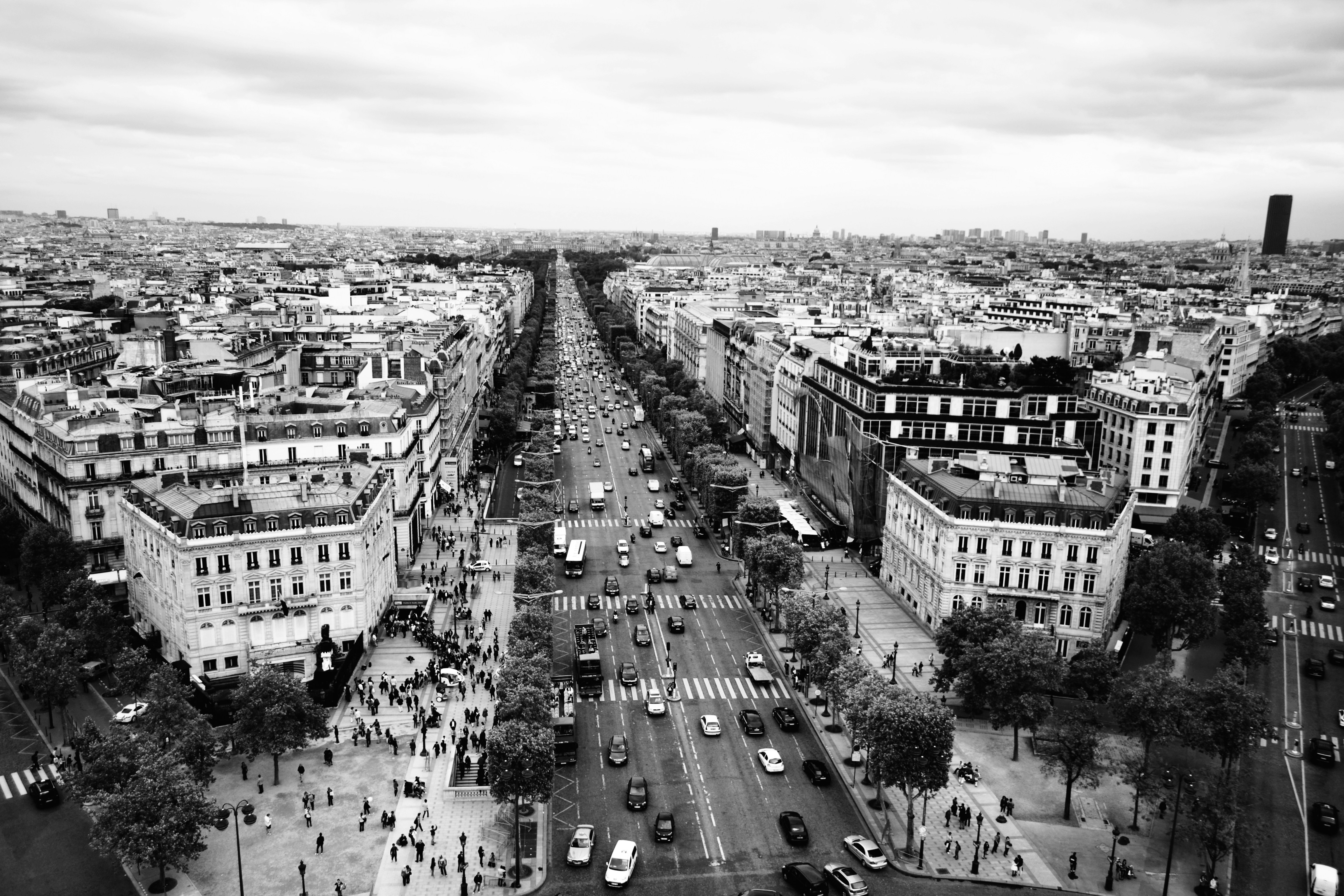 grayscale photo of city buildings