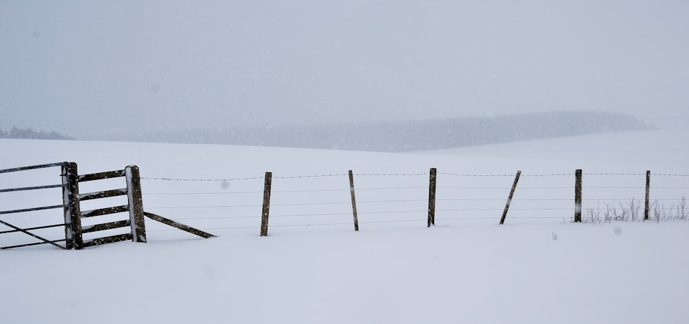 recinzione di legno marrone su terreno innevato