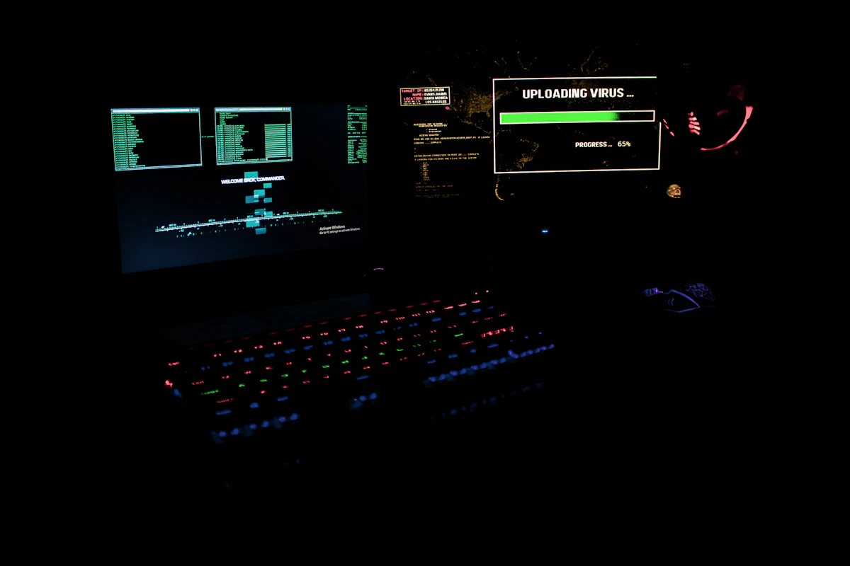 Pantalla de un panel de control SCADA/HMI en un entorno oscuro, representando el acceso ilegítimo por parte de atacantes.