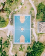 Wide shot of a multisport court freshly installed in a community park