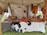 A market stall under a tent displays various handmade leather goods including sandals, bags, and straps. The items are organized neatly on a table covered with a cowhide. Brightly colored leather keychains or small crafts hang from a rod above. The scene suggests a rustic or traditional setting with a focus on artisanal craftsmanship.