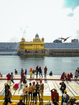 A large golden temple is situated by a serene body of water, surrounded by numerous people, some of whom are wearing vibrant clothing. The architecture of the temple is ornate and reflective, complemented by a clear sky in the background. A bird is captured in flight in the foreground.