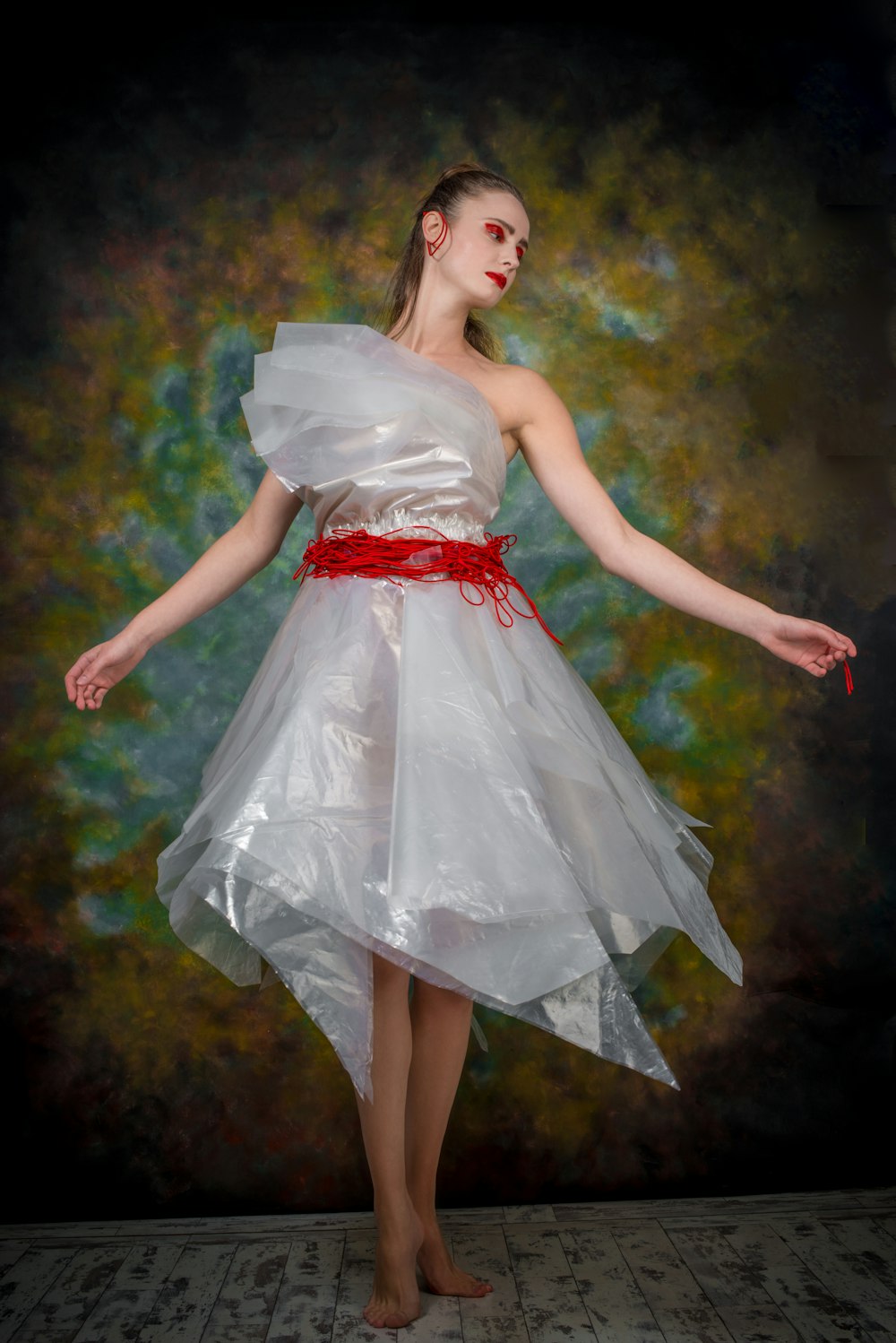 woman in white and red dress