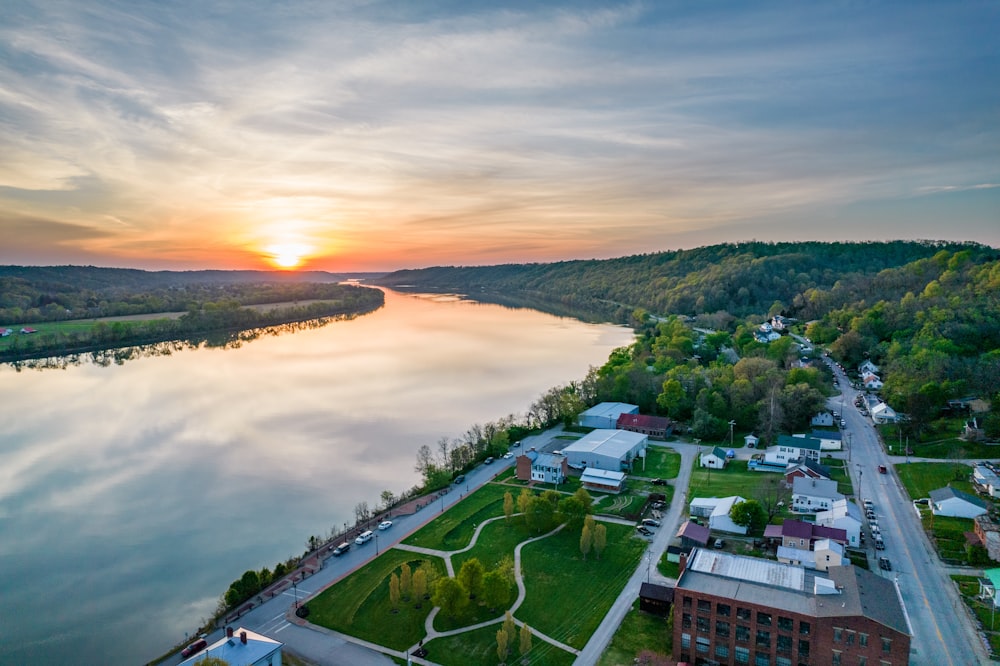 aerial view of city near lake during daytime