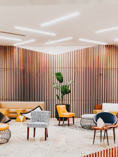 A modern office space featuring acoustic slat wall panels from Panel Pro Innovations.