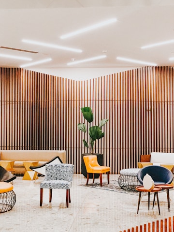 Modern interior design showcasing acoustic panels and wood alternatives in a stylish living room.