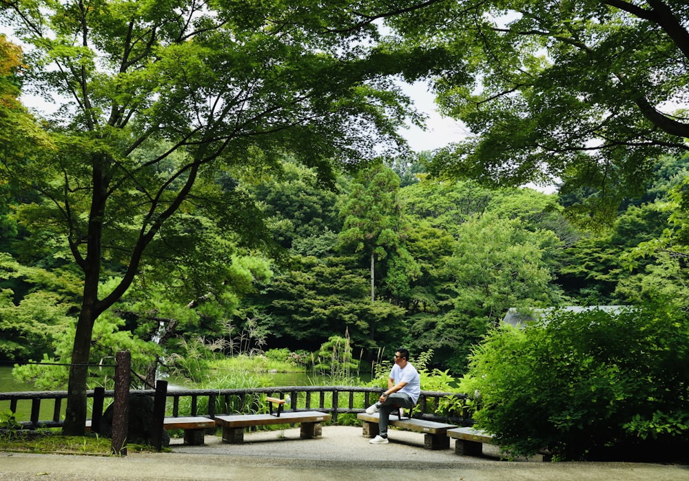 man and woman sitting on brown wooden bench surrounded by green trees during daytime