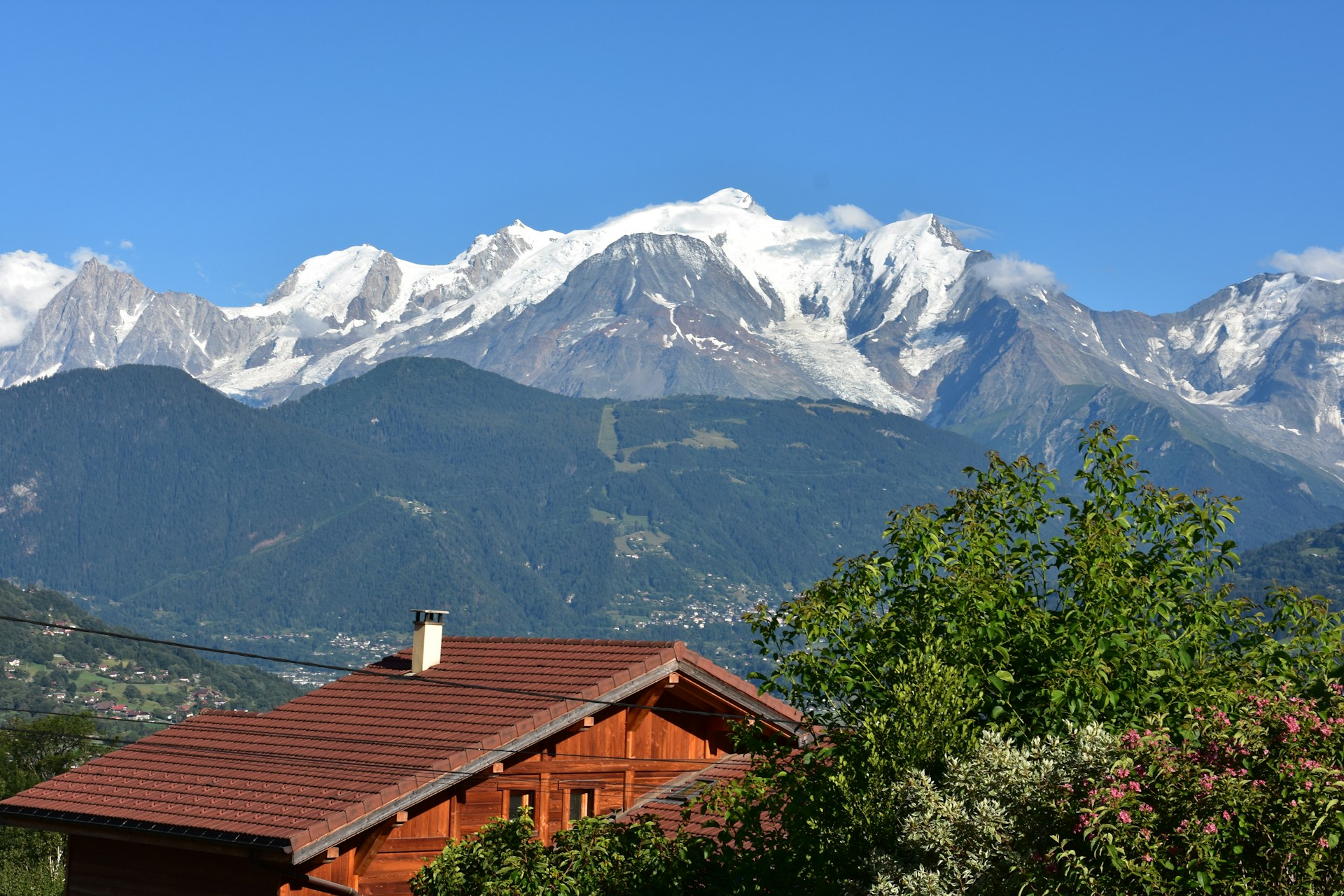 brown wooden house near green trees and snow covered mountain during daytime