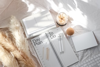 A neatly arranged workspace featuring a day planner opened to a page labeled with time slots. Two pens rest on the planner, and a glass jar filled with matches is nearby. Pampas grass lies to the left, with a closed notebook and a smooth, round cork object nearby. The overall scene is bathed in soft, natural light, highlighting the textures and simplicity.