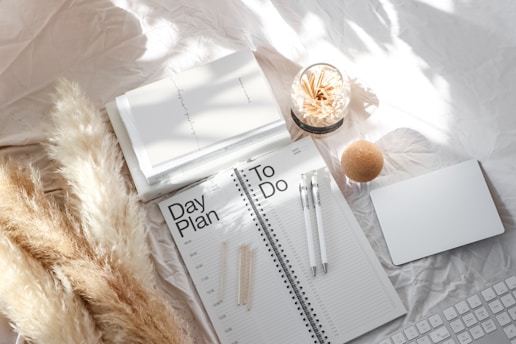 A neatly arranged workspace featuring a day planner opened to a page labeled with time slots. Two pens rest on the planner, and a glass jar filled with matches is nearby. Pampas grass lies to the left, with a closed notebook and a smooth, round cork object nearby. The overall scene is bathed in soft, natural light, highlighting the textures and simplicity.