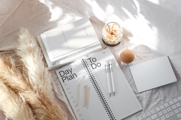 A neatly arranged workspace featuring a day planner opened to a page labeled with time slots. Two pens rest on the planner, and a glass jar filled with matches is nearby. Pampas grass lies to the left, with a closed notebook and a smooth, round cork object nearby. The overall scene is bathed in soft, natural light, highlighting the textures and simplicity.