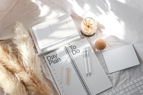 A neatly arranged workspace featuring a day planner opened to a page labeled with time slots. Two pens rest on the planner, and a glass jar filled with matches is nearby. Pampas grass lies to the left, with a closed notebook and a smooth, round cork object nearby. The overall scene is bathed in soft, natural light, highlighting the textures and simplicity.