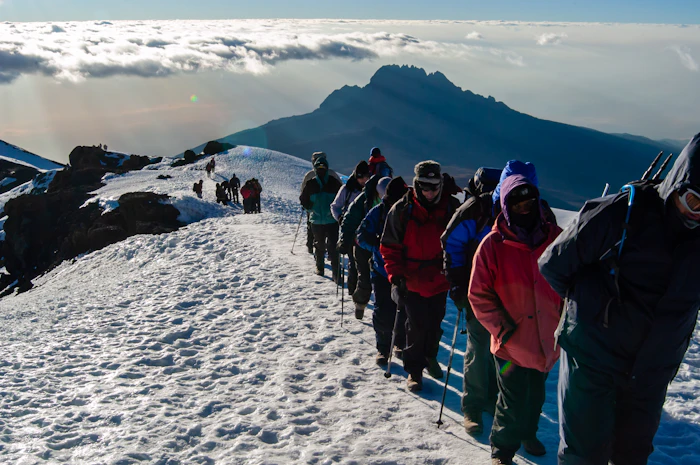 Climbers at Uhuru Peak summit sign on the Umbwe Route