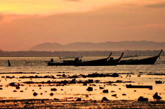 A peaceful riverside view at sunset with traditional long-tail boats floating gently.