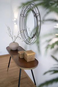 Narrow entryway console with decorative accents and a small plant