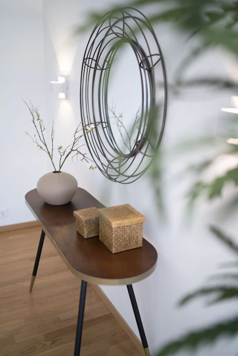 Elegant birch console table with a smooth finish in a cozy living room setting
